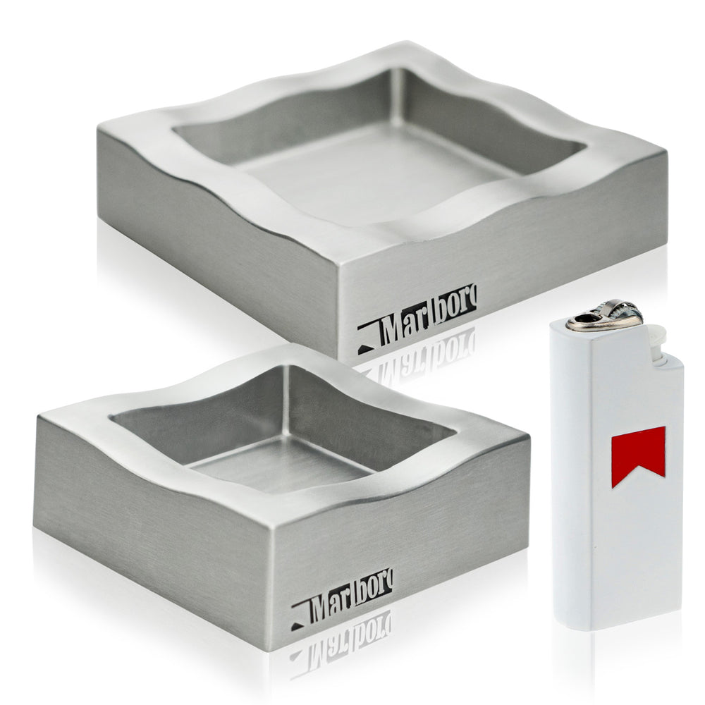 Marlboro Smoker Bundle Set consisting of 2x metal ashtrays (large/small) and 1x lighter