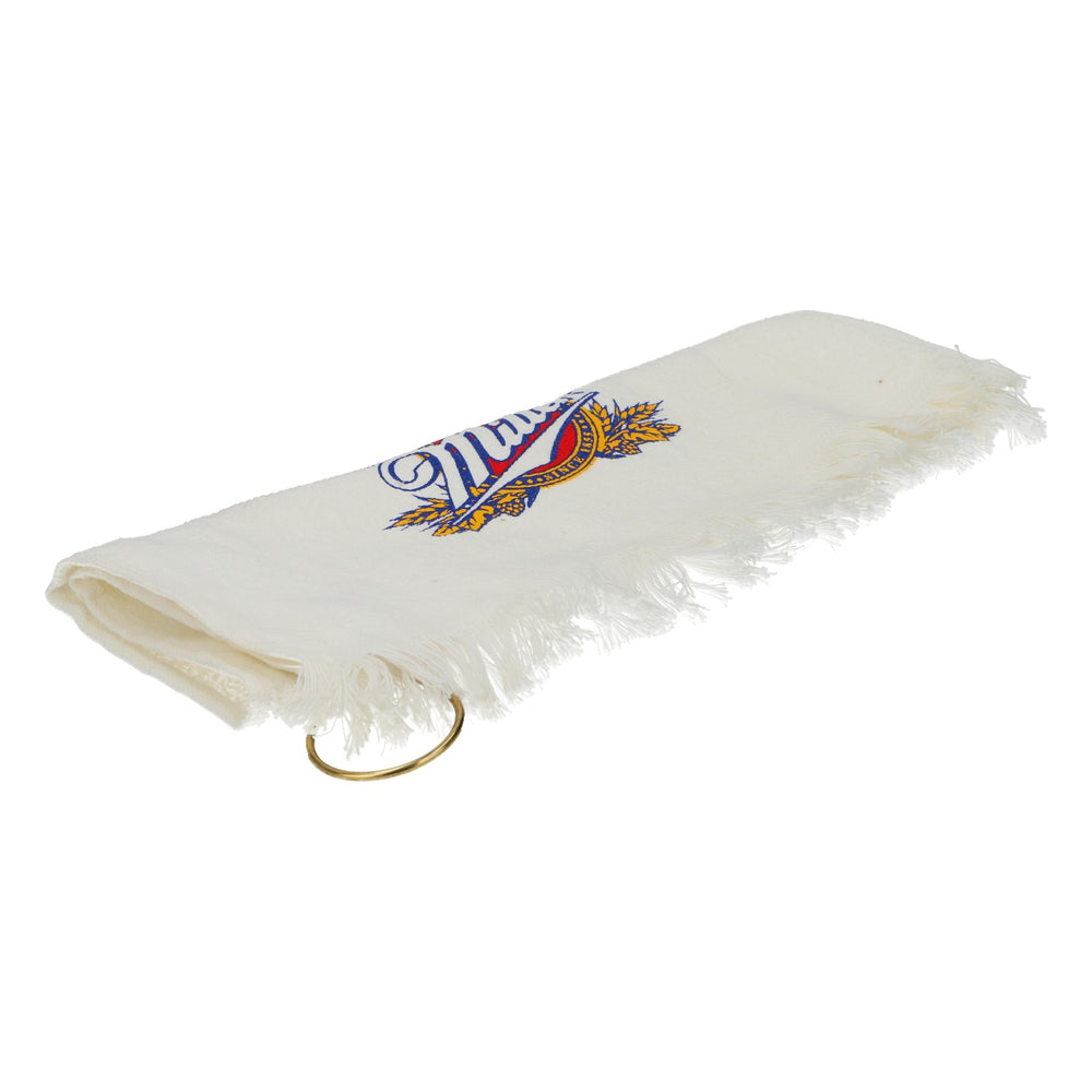 Miller Beer Towel Golf Towel with Clip and Carabiner Hook, White Cotton