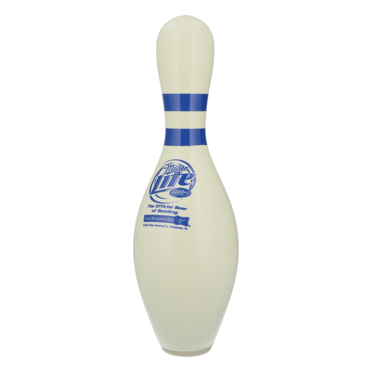Miller Lite Beer Bowling Pin, Wood, White with Blue Logo, Decorative, Collectible, Bar – View 3