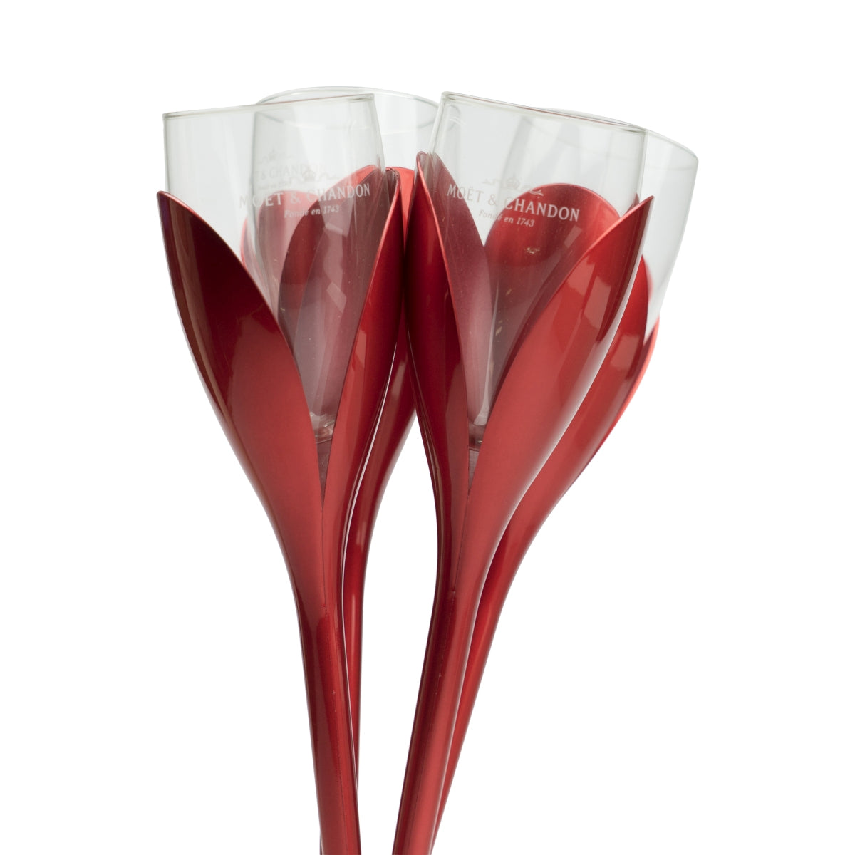 Moet Chandon Champagne 4x Glasses + Tulip-Shaped Holders, Red Glasses, Rare