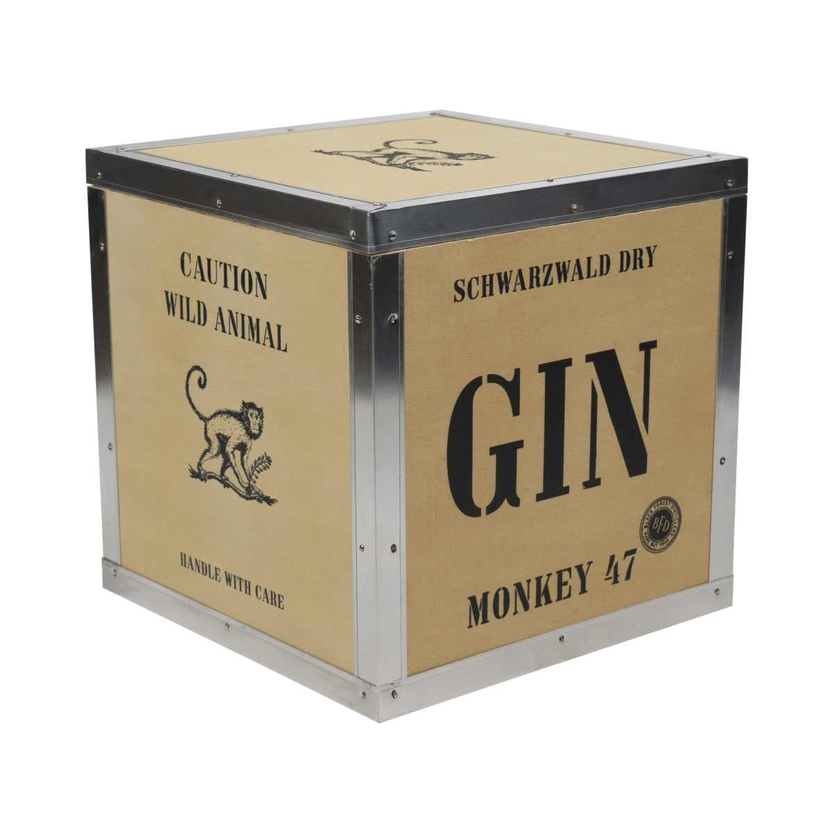 Monkey 47 Gin Wooden Box 20x20x20cm "Caution Wild Animal" Gift Box