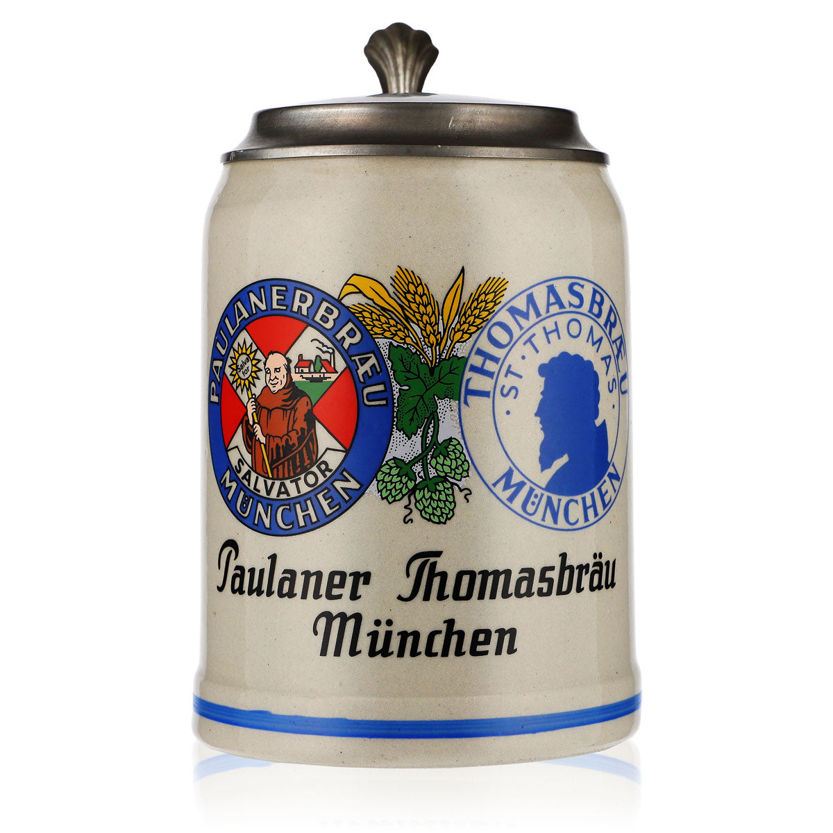 Paulaner Glass Weissbier Earthenware Mug with Pewter Lid, 0.5 L, Thomas-Bräu Munich