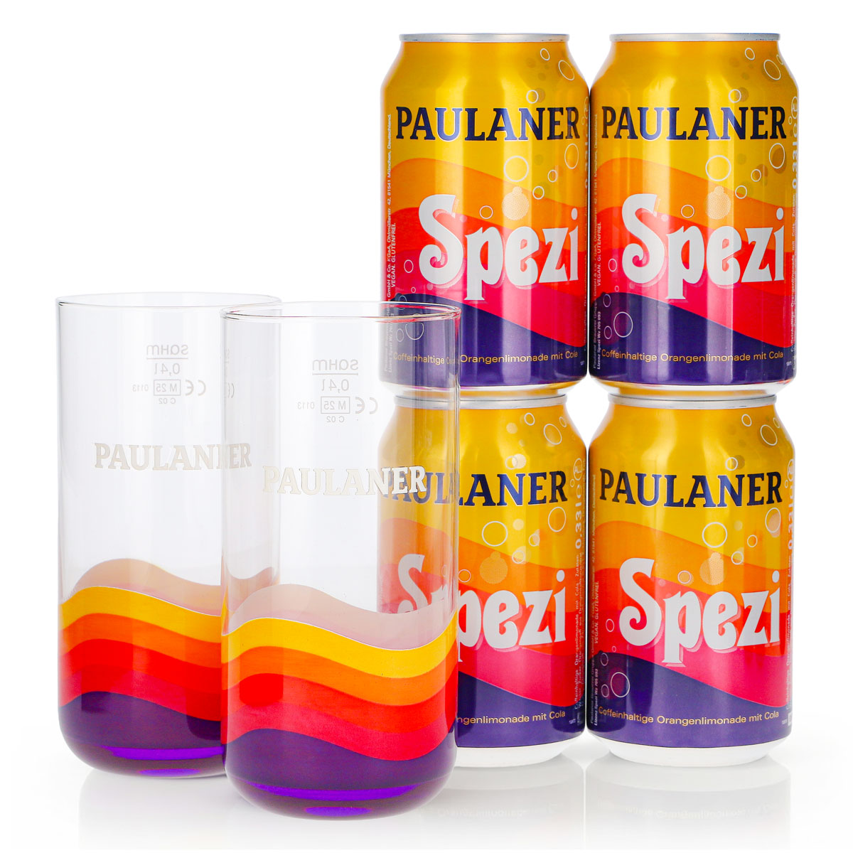 Paulaner Spezi Gift Set, 6-piece bundle: 2 0.4-liter glasses + 4 0.33-liter cans