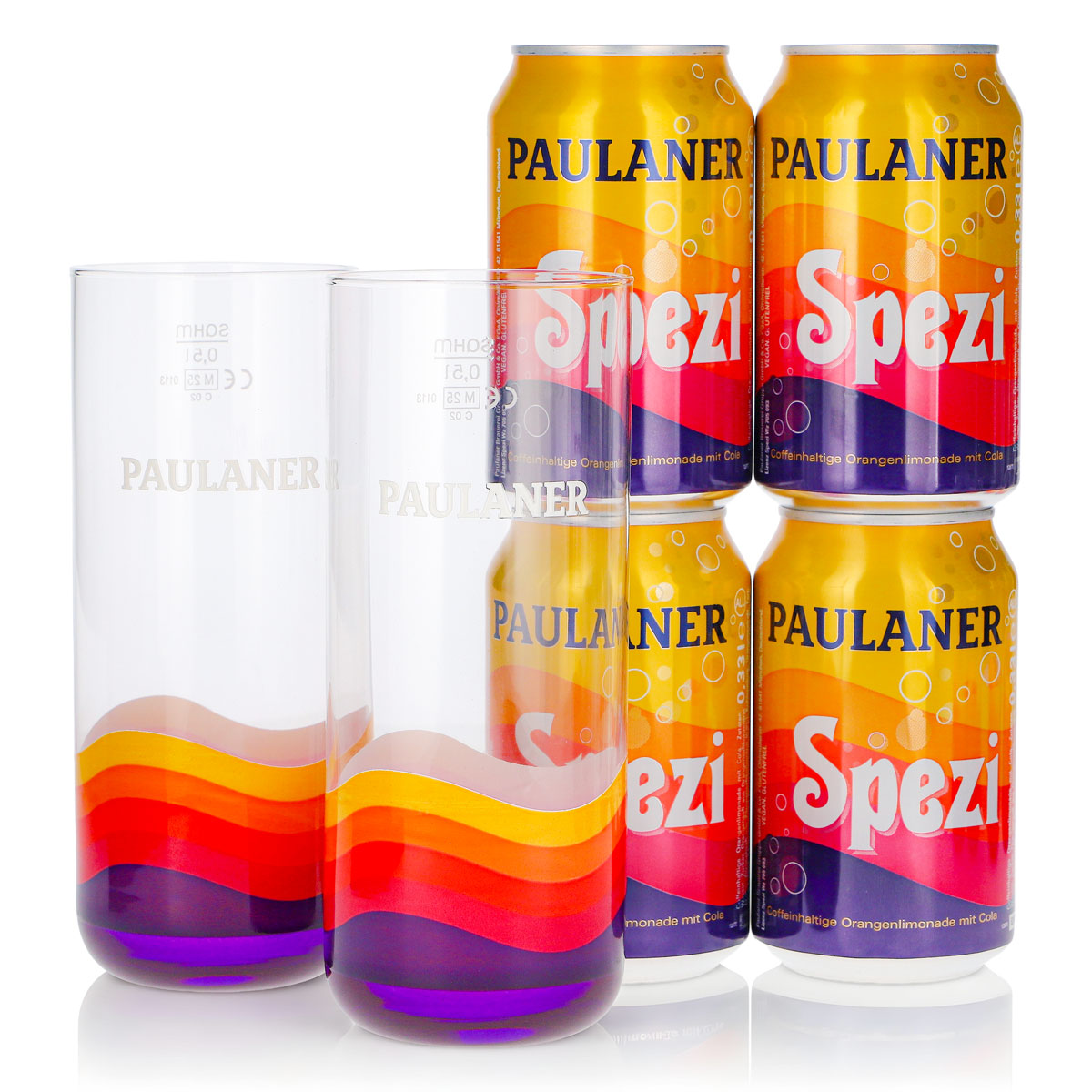 Paulaner Spezi Gift Set, 6-piece bundle: 2 0.5-liter glasses + 4 0.33-liter cans