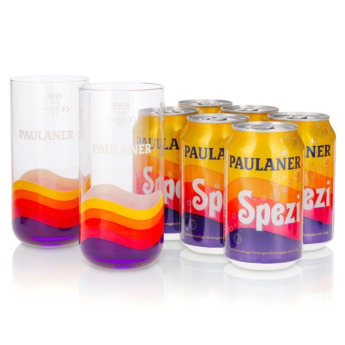 Paulaner Spezi Gift Set, 8-piece bundle: 2 0.4-liter glasses + 6 0.33-liter cans