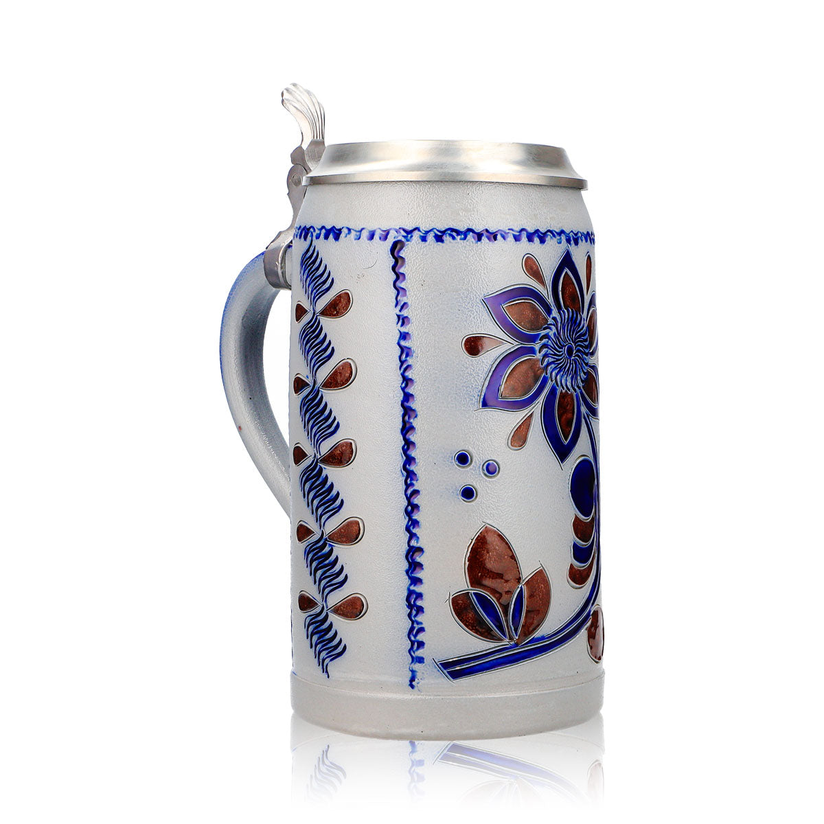Rastal Beer Glass Stone Jug, 1.16 L, with Pewter Lid, Blue/Brown Floral Earthenware – View 2