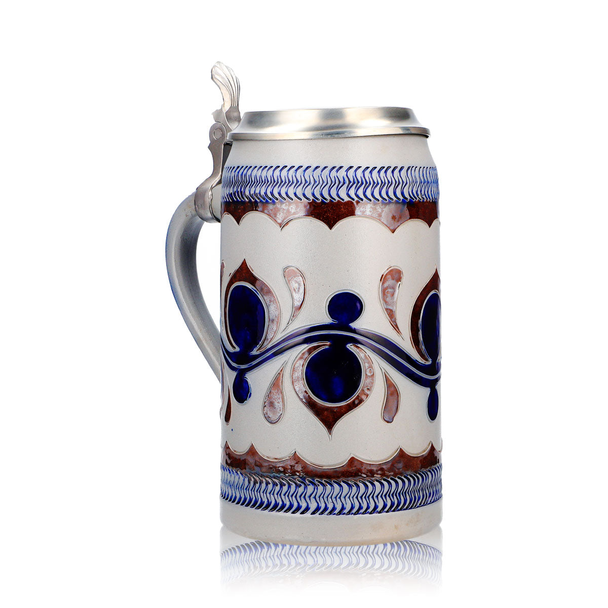 Rastal Beer Glass Stone Jug 1.18 L with Pewter Lid, Blue Horizontal Pattern, Stoneware – View 2
