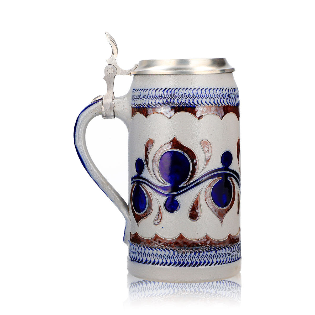 Rastal Beer Glass Stone Jug 1.18 L with Pewter Lid, Blue Horizontal Pattern, Stoneware – View 3