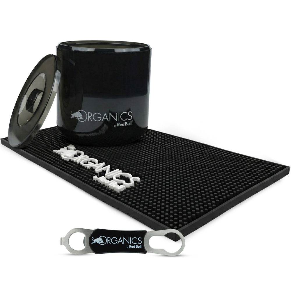 Red Bull Energy Bar Bundle Set I consisting of a 3-liter ice cube tray, bar mat, and bottle opener
