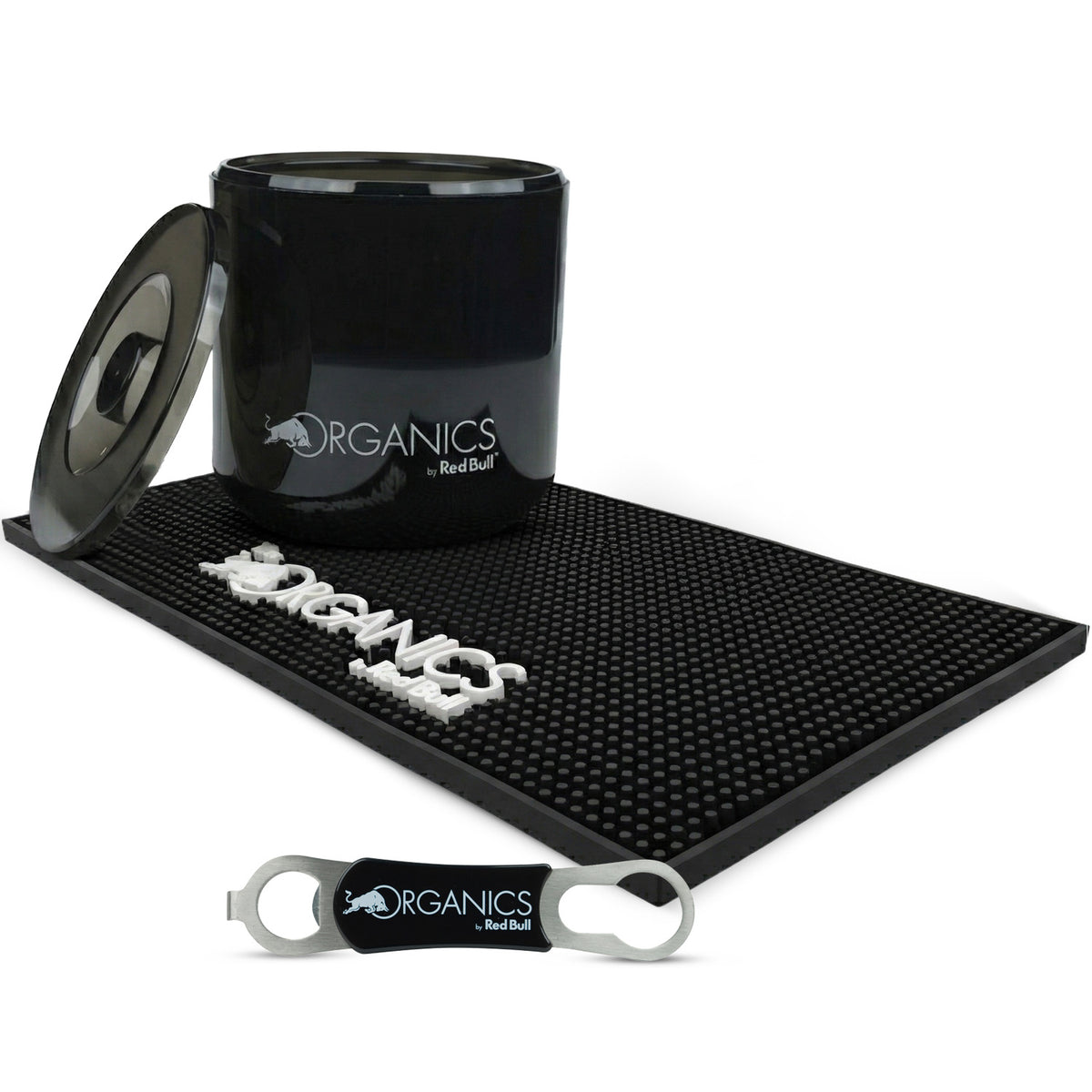 Red Bull Energy Bar Bundle Set I consisting of a 3-liter ice cube tray, bar mat, and bottle opener