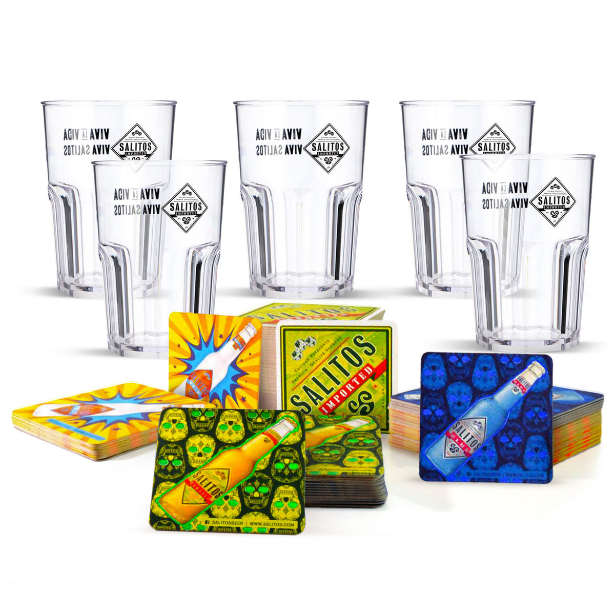 Salitos Bar Bundle Set I consisting of 5x Salitos glasses (0.4 l) and 100x beer coasters