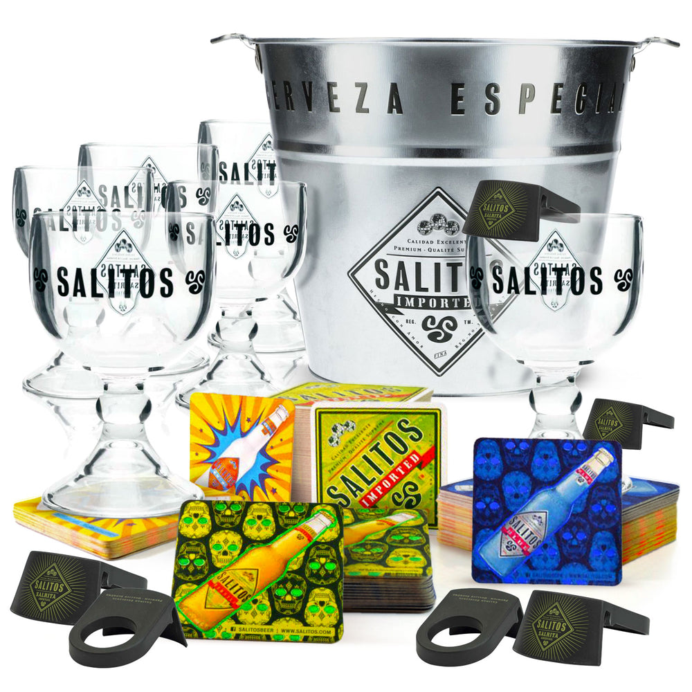 Salitos Bar Bundle Set II consisting of 6 Salrita glasses, 100 beer coasters, and 1 ice bucket
