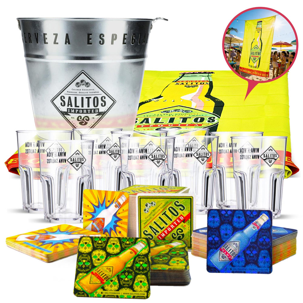 Salitos Party Bundle Set I consisting of 10x 0.4l glasses, banner coasters, and an ice bucket