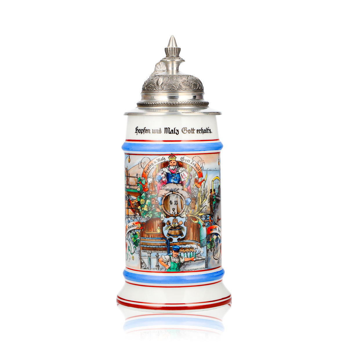 Collector's Beer Glass Clay Jug, 0.65 L, with Pewter Lid, Hops and Malt—God Bless It
