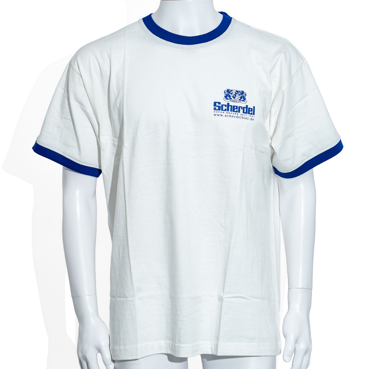 Scherdel Beer T-Shirt, Size XL, Blue Collar, White