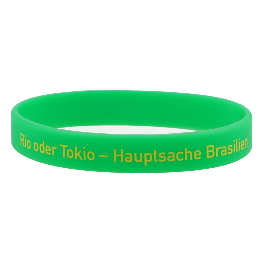 Shatler's rubber bracelet, green "Rio or Tokyo—as long as it's Brazil"