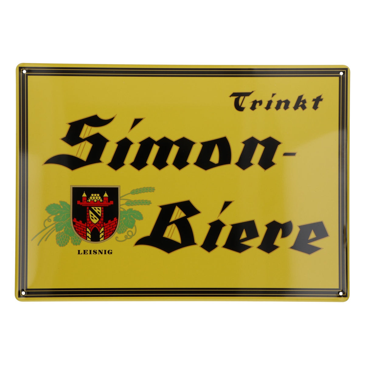 Simon-Biere Beer Metal Sign, Yellow: "Drink Simon-Biere" Leisnig 29.5 x 21 cm
