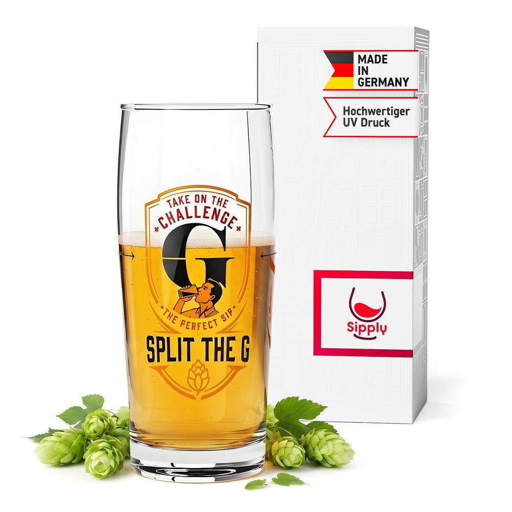 Sipply Beer Glass SPLIT THE G Take on the Challenge Willibecher 0.5 L - The Fun Social Media Trend