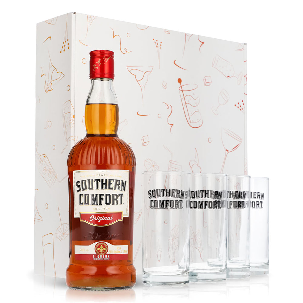 Southern Comfort Geschenkset 0,7l Flasche 35,0 % Vol. + Longdrinkgläser Schwarz–Weiß