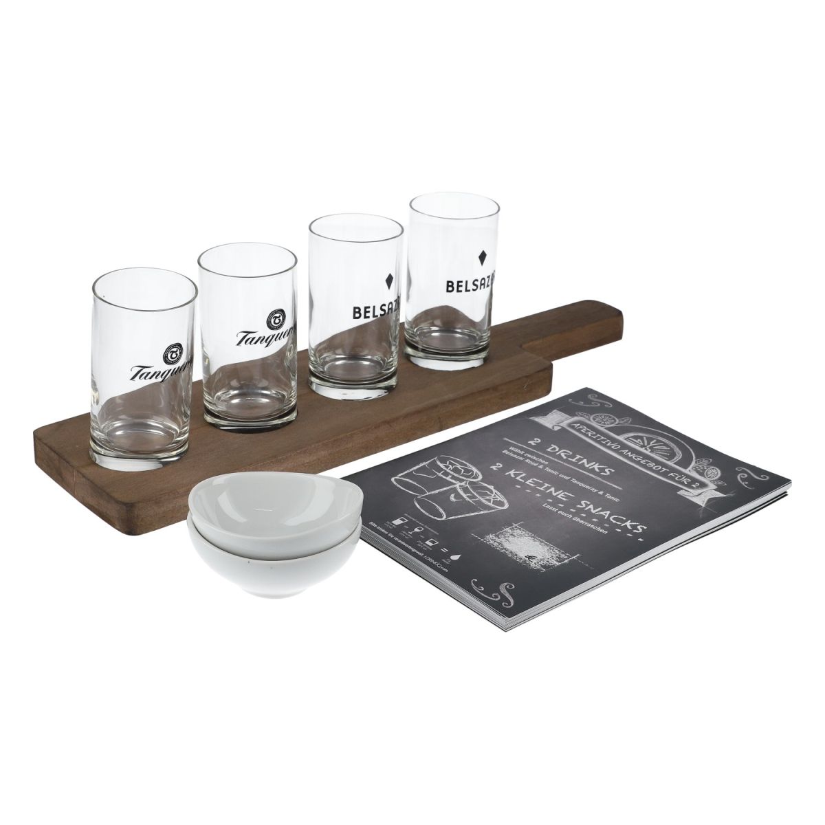 Tanqueray Gin Aperitivo Real Wood Tasting Tray with 4 Tasting Glasses and Bowls