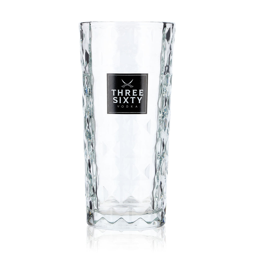 Three Sixty Vodka Glass, 0.3 L Long Drink Glass, Square Design, Embossed Cocktail Glass