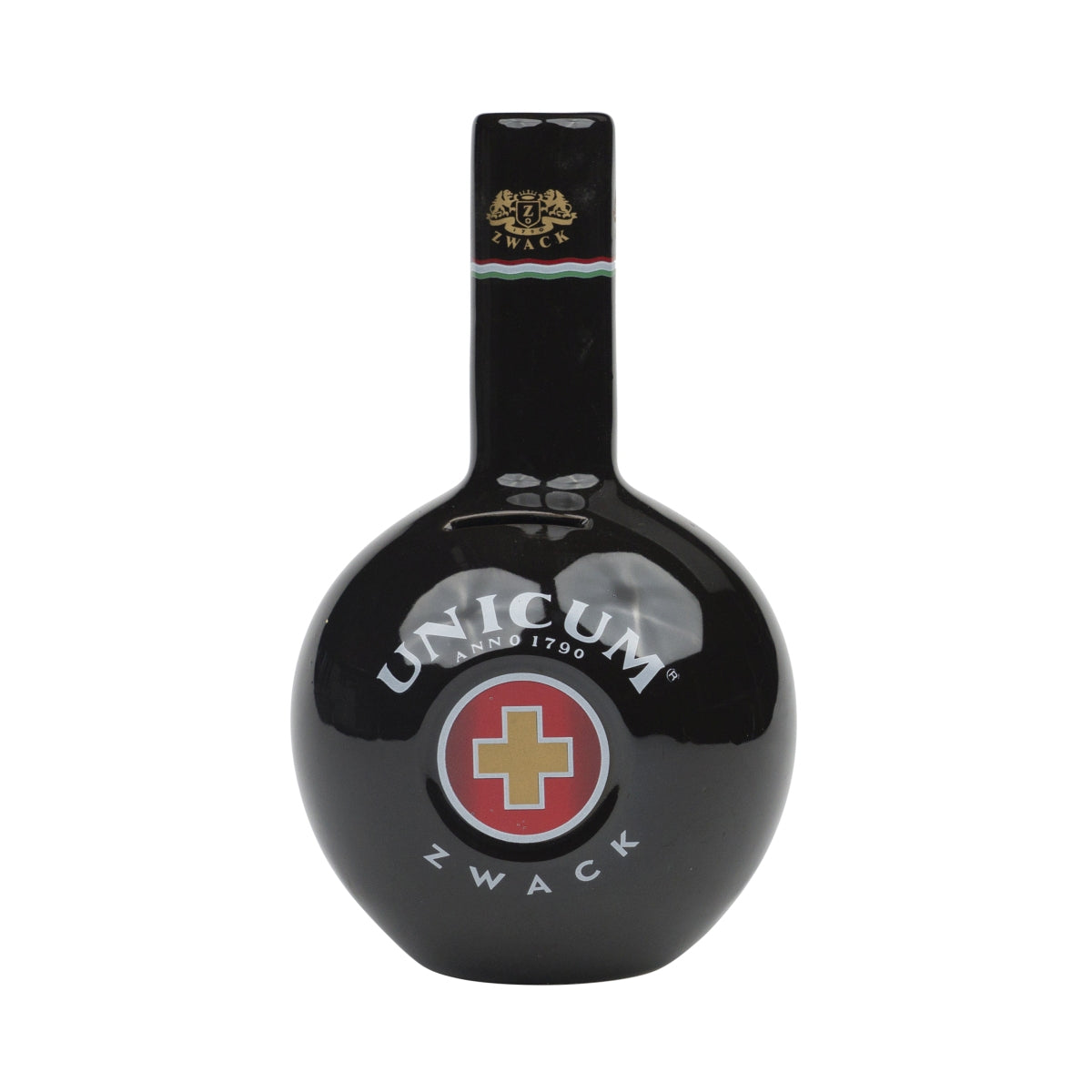 Unicum Zwack money box, black herbal liqueur piggy bank, ceramic jar