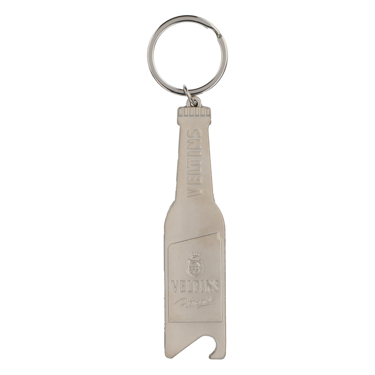 Veltins beer bottle opener, metal, with shopping cart token, bottle shape