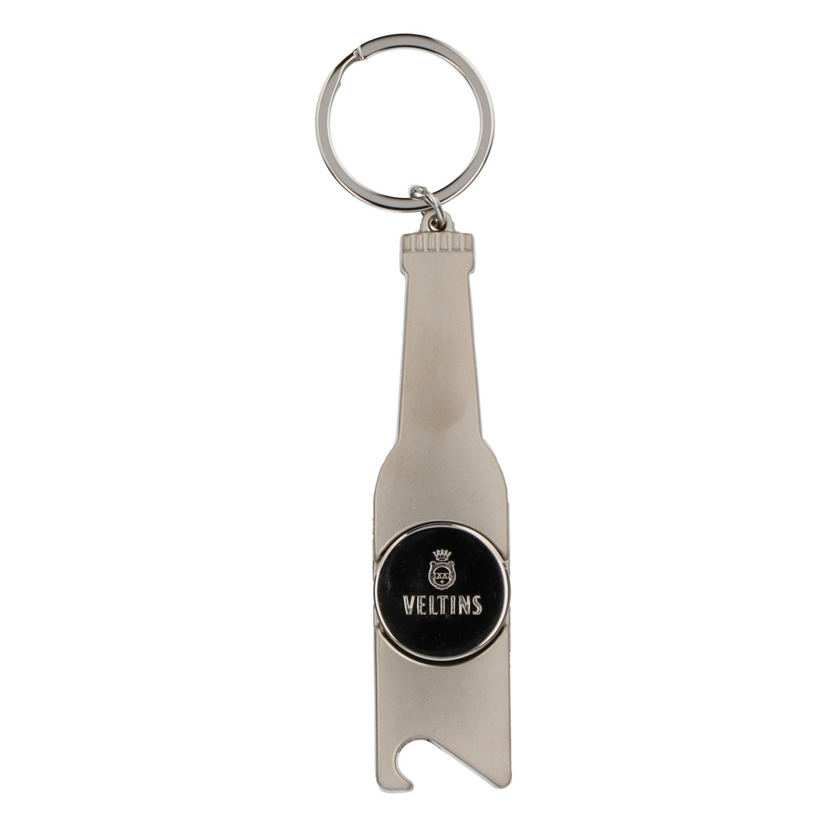 Veltins beer bottle opener, metal, with shopping cart token, bottle shape – View 2
