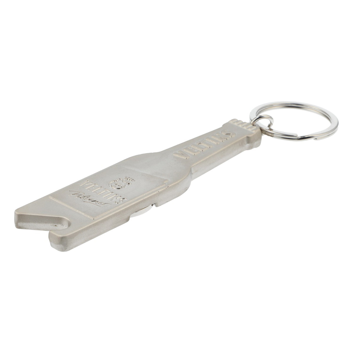 Veltins beer bottle opener, metal, with shopping cart token, bottle shape – View 3