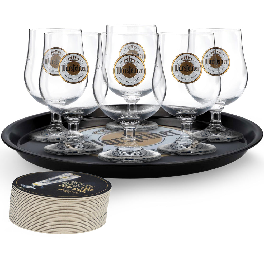 Warsteiner Beer Bundle Bar Set II consisting of 6x swivel glasses, 100 beer coasters, 1 tray