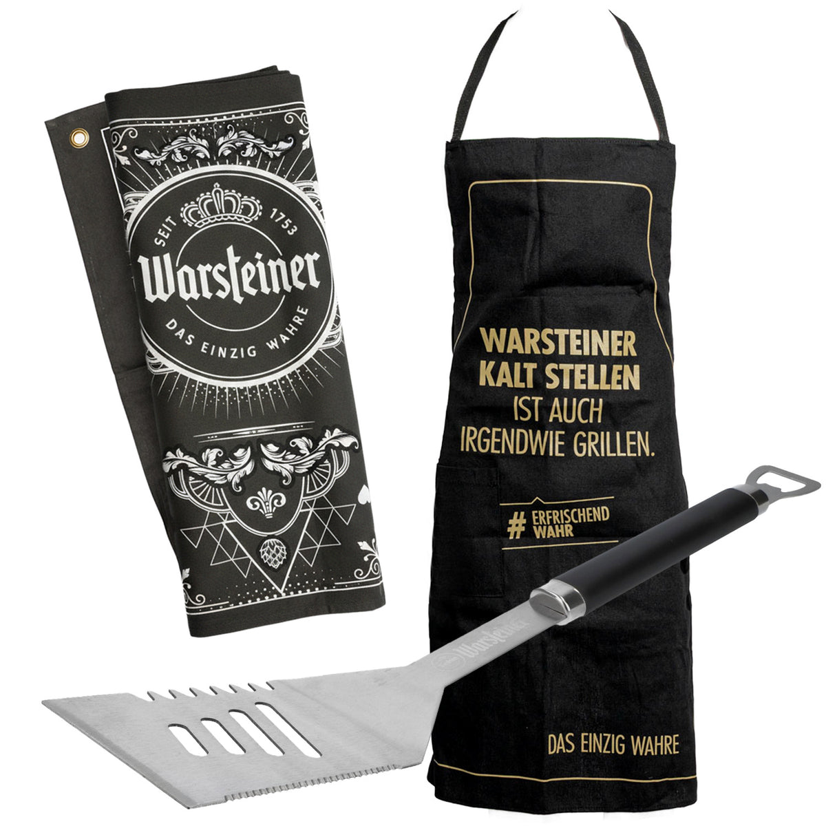 Warsteiner Beer Bundle BBQ Set consisting of 1x apron, 1x grill turner, 1x dish towel