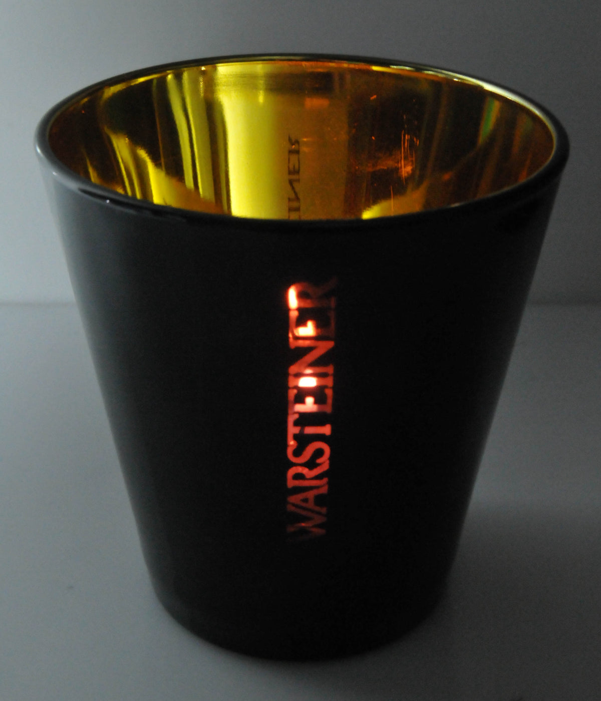 Warsteiner Beer Lantern Tealight Holder Glass Piano Lacquer Gold Plating – View 2