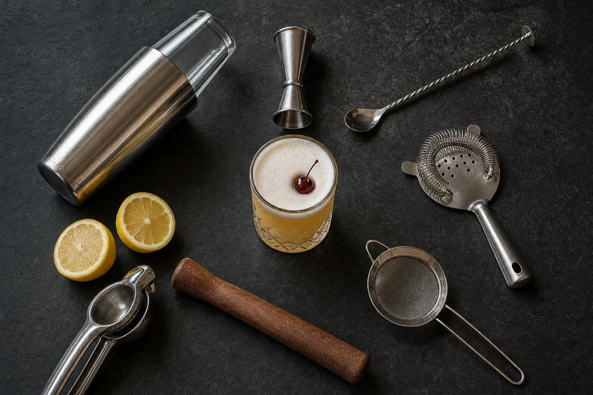 Barwerkzeug auf einer Theke: Shaker, Jigger, Barlöffel, Strainer, Stößel und Zitruspresse neben einem Whiskey Sour