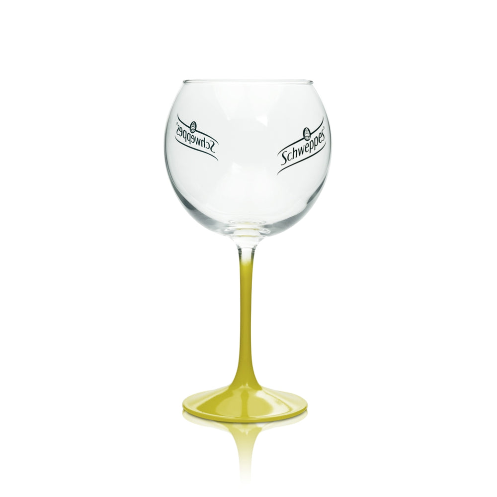 1 Schweppes lemonade glass, 0.4 l, balloon glass with yellow stem/base, new
