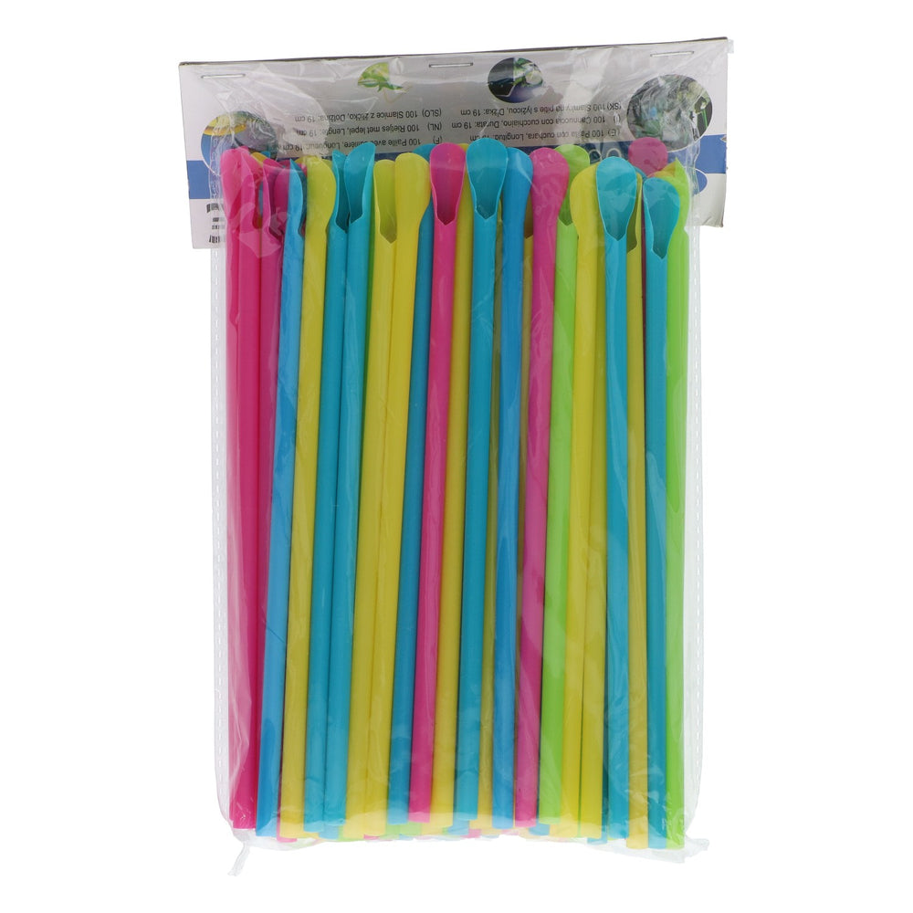 100 colorful drinking straws, plastic spoons, 0.5 x 19 cm, for parties, cocktails, and ice cream