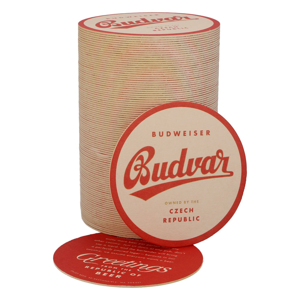 100x Budweiser beer coasters, glass coasters, bar accessories "Budvar" white with red border