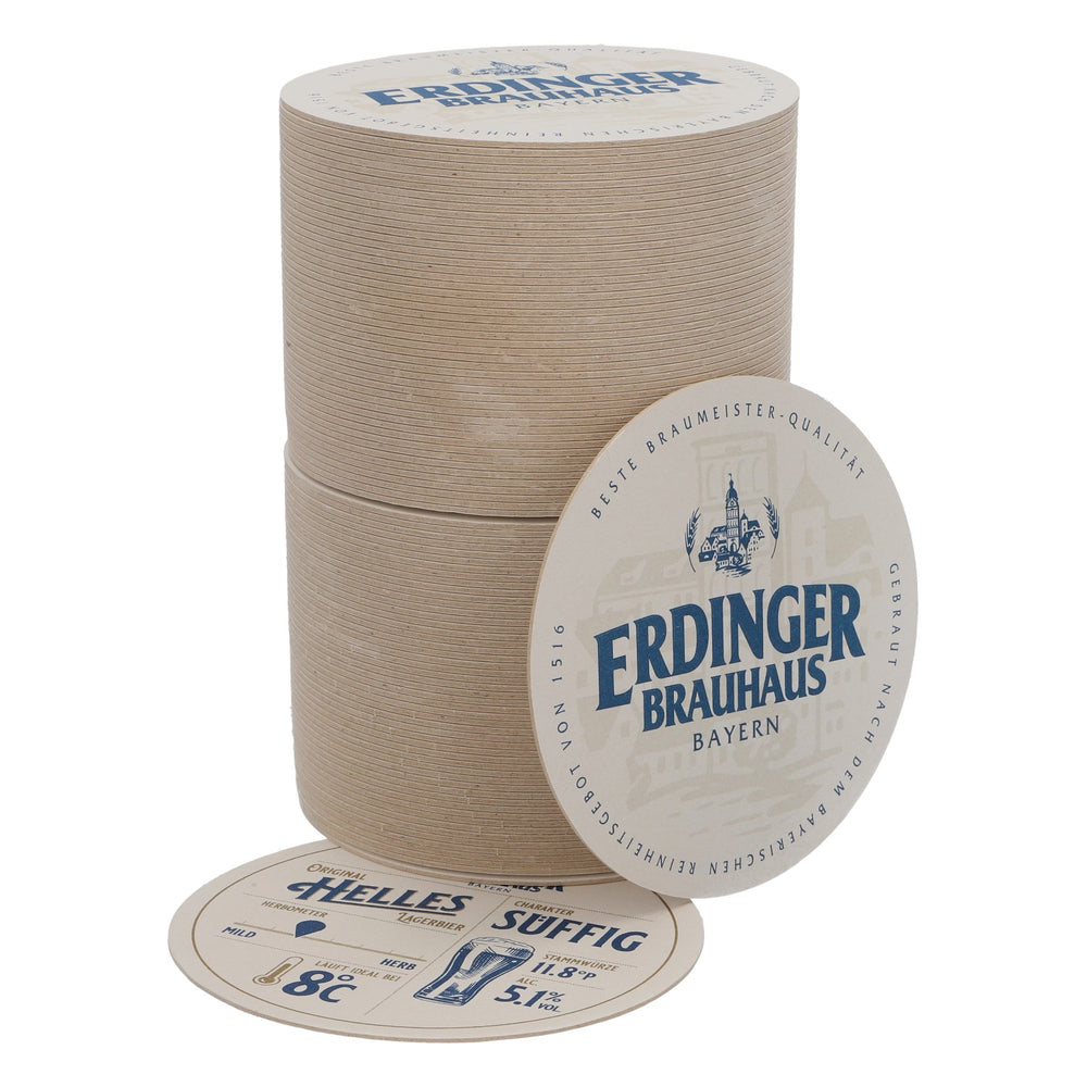 100x Erdinger Weissbräu beer coasters, round, 10.5 cm diameter, white, "Helles"