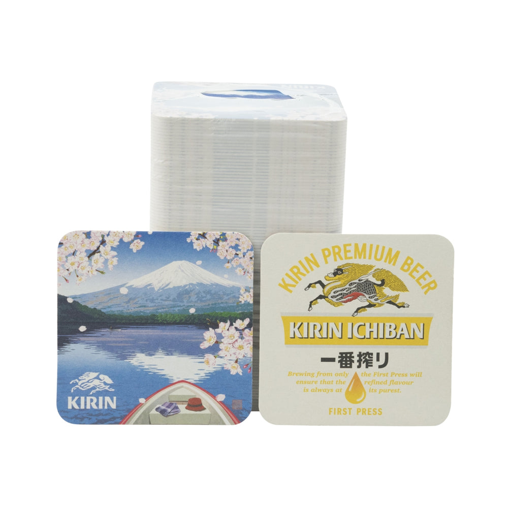 100x Kirin Ichiban beer coasters, 9x9cm, drip-proof, for catering use