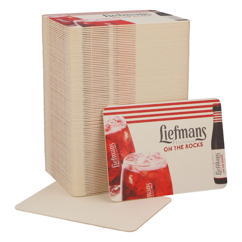 100x Liefmans beer coasters, glass coasters, bar accessories, 11x8 cm, red/white
