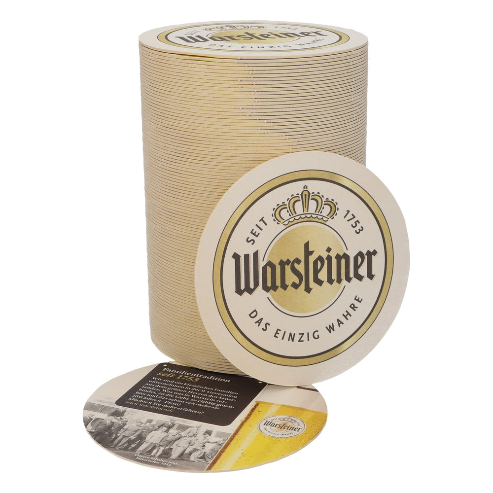 100 Warsteiner beer coasters, 10.5 cm in diameter, "A Family Tradition Since 1753"