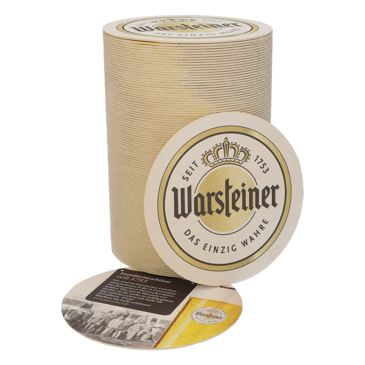 100 Warsteiner beer coasters, 10.5 cm in diameter, "A Family Tradition Since 1753"