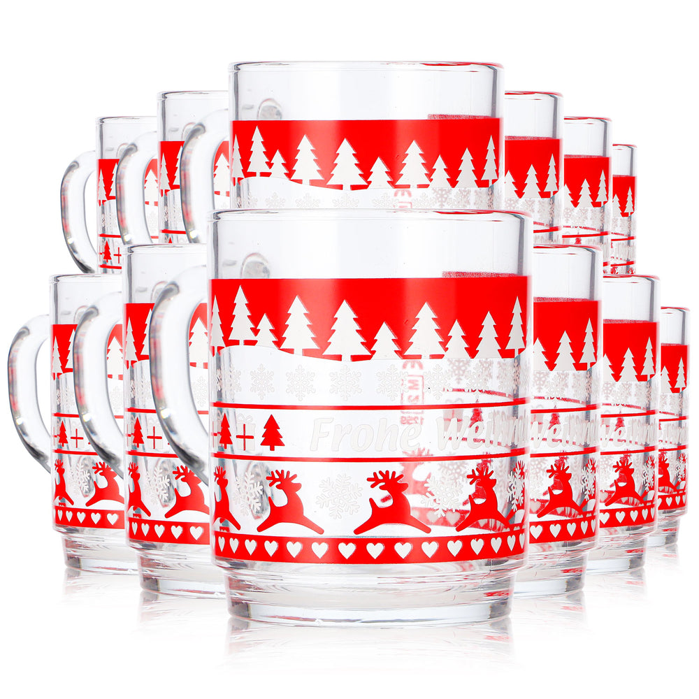 12 Mohaba Clear Glass Mulled Wine Mugs with Norwegian Deer Pattern, 0.2 L, Calibrated