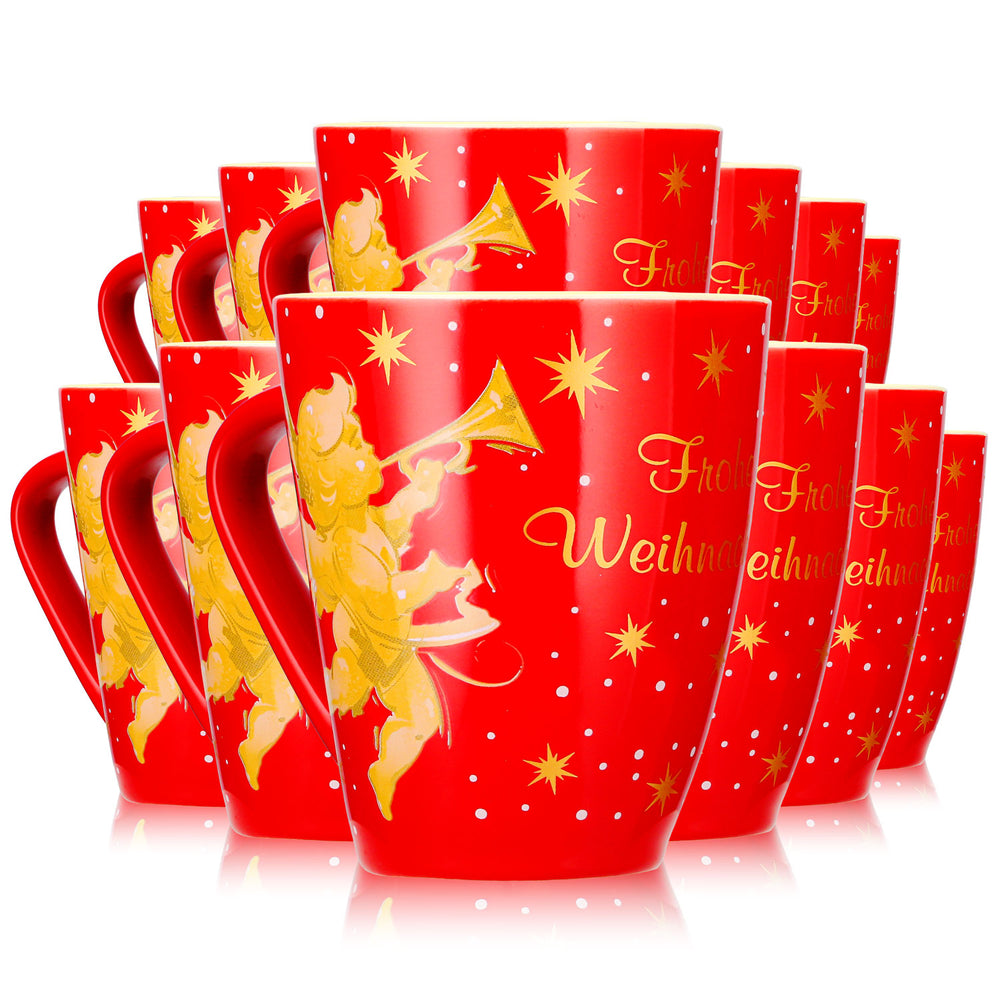 12 Mohaba Mulled Wine Mugs, Model 2000, "Merry Christmas with an Angel," Fire Red / Cream, 0.2 L, Calibrated