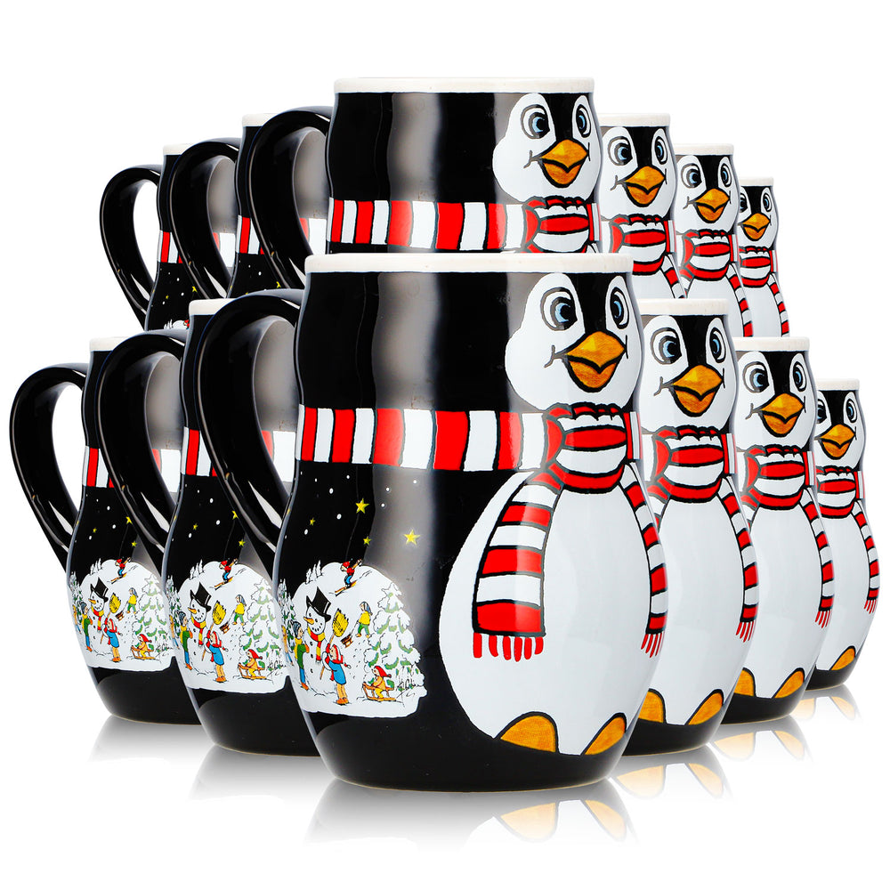 12 Mohaba Mulled Wine Mugs, Penguin Mug with Relief Design, "Merry X-mas," Black/White, 0.2 L, Calibrated