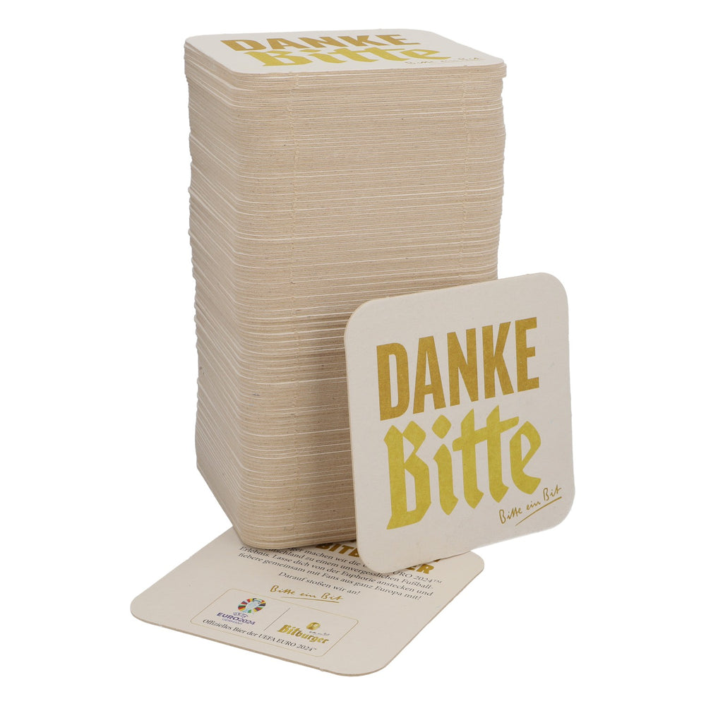 125x Bitburger beer coasters 9x9 cm "Bitte noch 1" ("One more, please") Back: "Euro 2024"