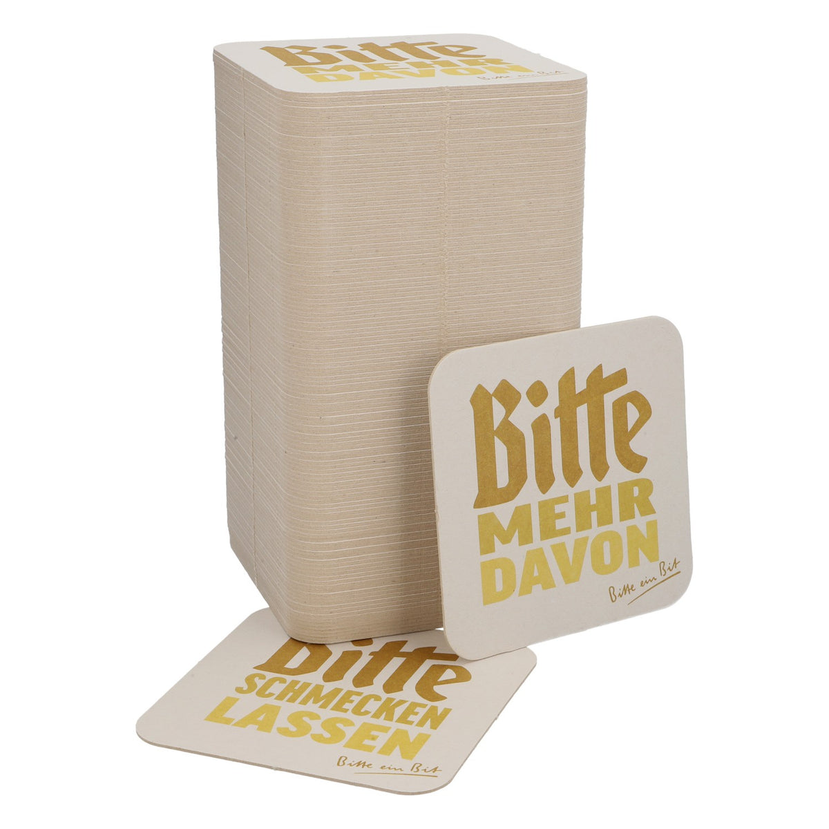 125x Bitburger beer coasters 9x9 cm "Bitte mehr davon" ("More please") Back: "Bitte schmecken lassen" ("Enjoy")