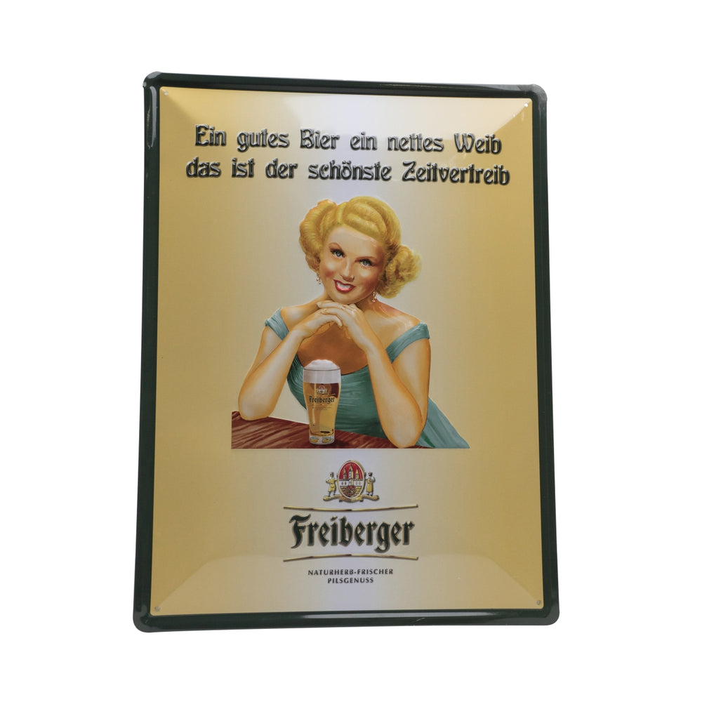 1x Freiberger beer tin sign, woman "A good beer, a nice woman"