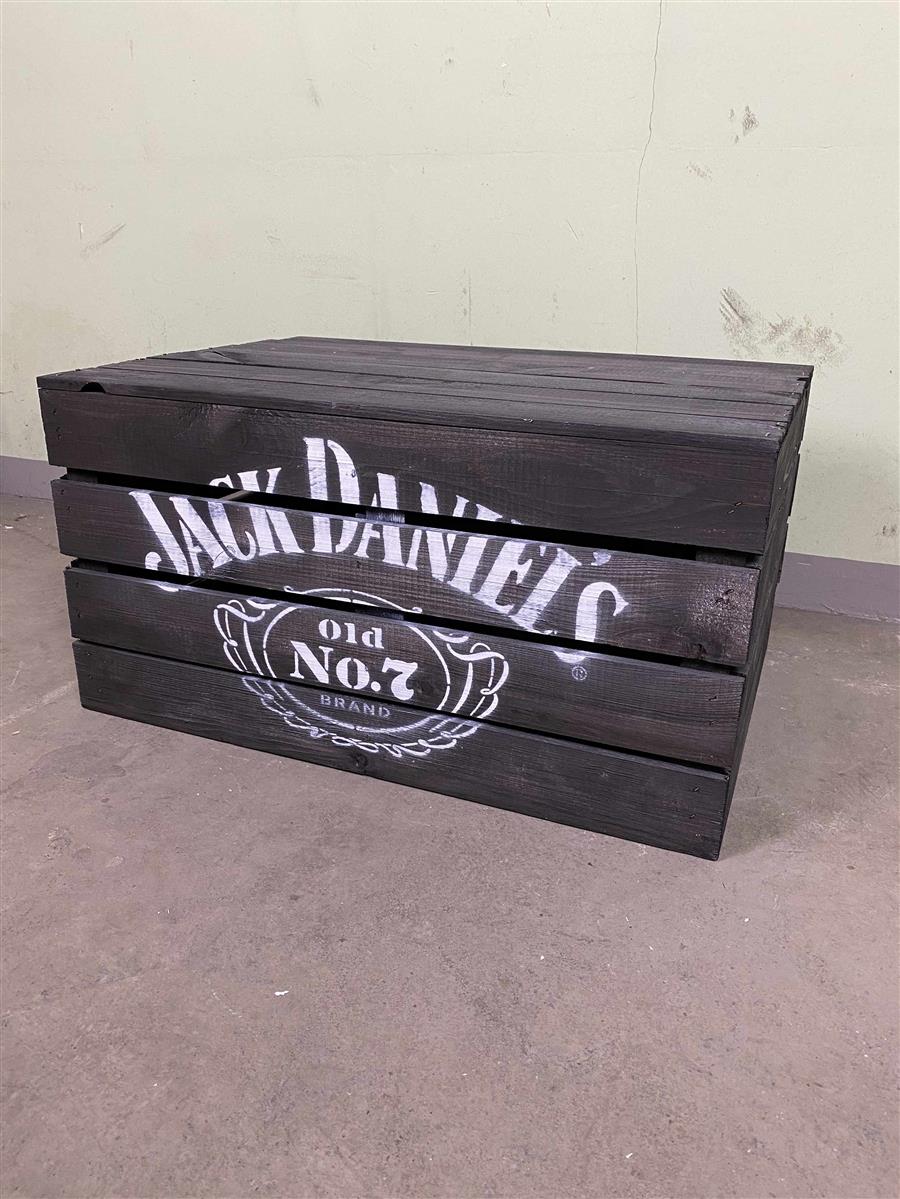 1x Jack Daniels whiskey side table wooden crate black printed