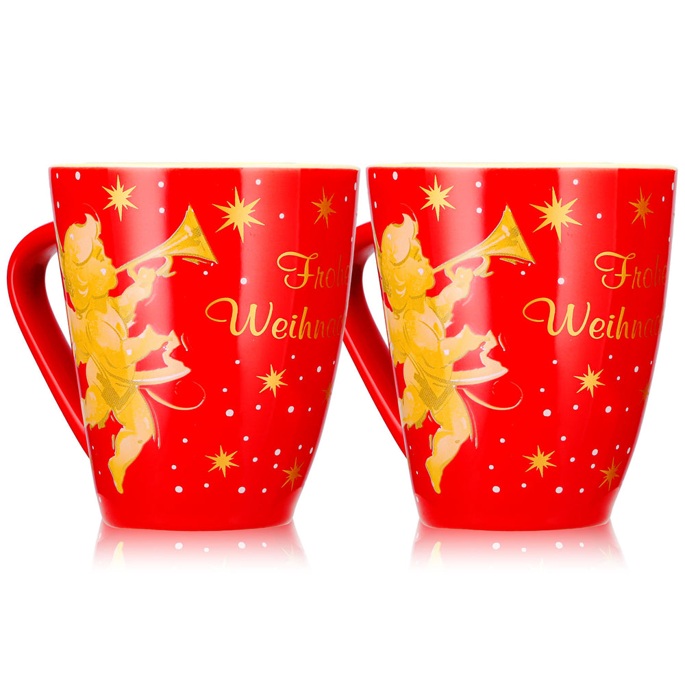 2 Mohaba Mulled Wine Mugs, Model 2000, "Merry Christmas with an Angel," Fire Red / Cream, 0.2 L, Calibrated