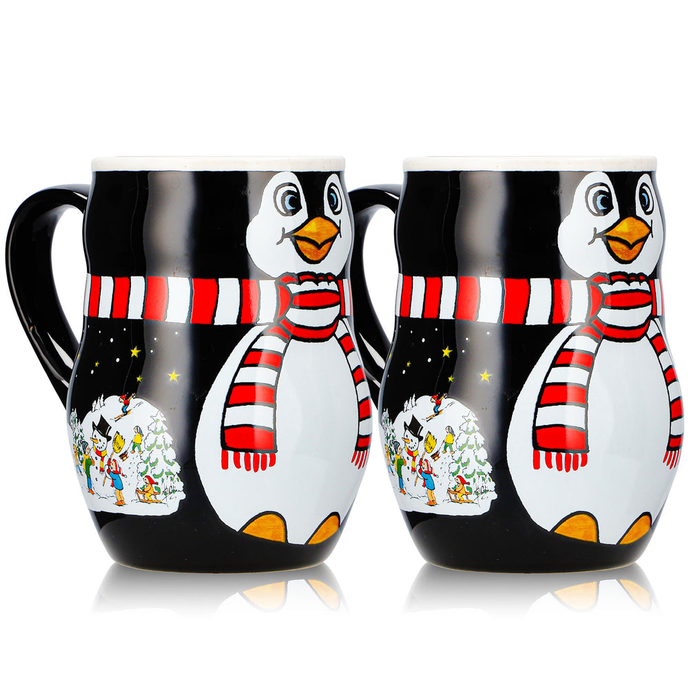 2 Mohaba Mulled Wine Mugs, Penguin Mug with Relief Design, "Merry X-mas," Black/White, 0.2 L, Calibrated